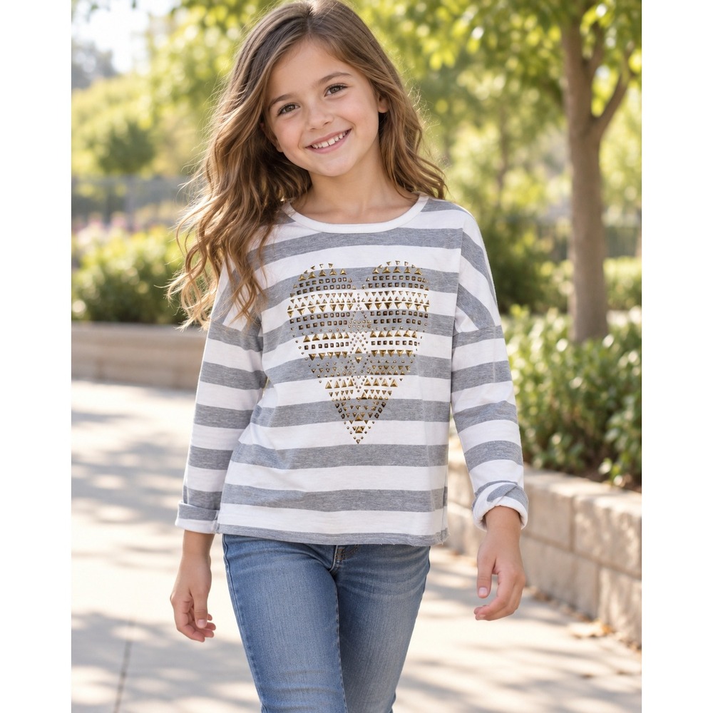 Runway Girl Girls Grey White Striped Studded Heart Long Sleeve Top Size S 7/8